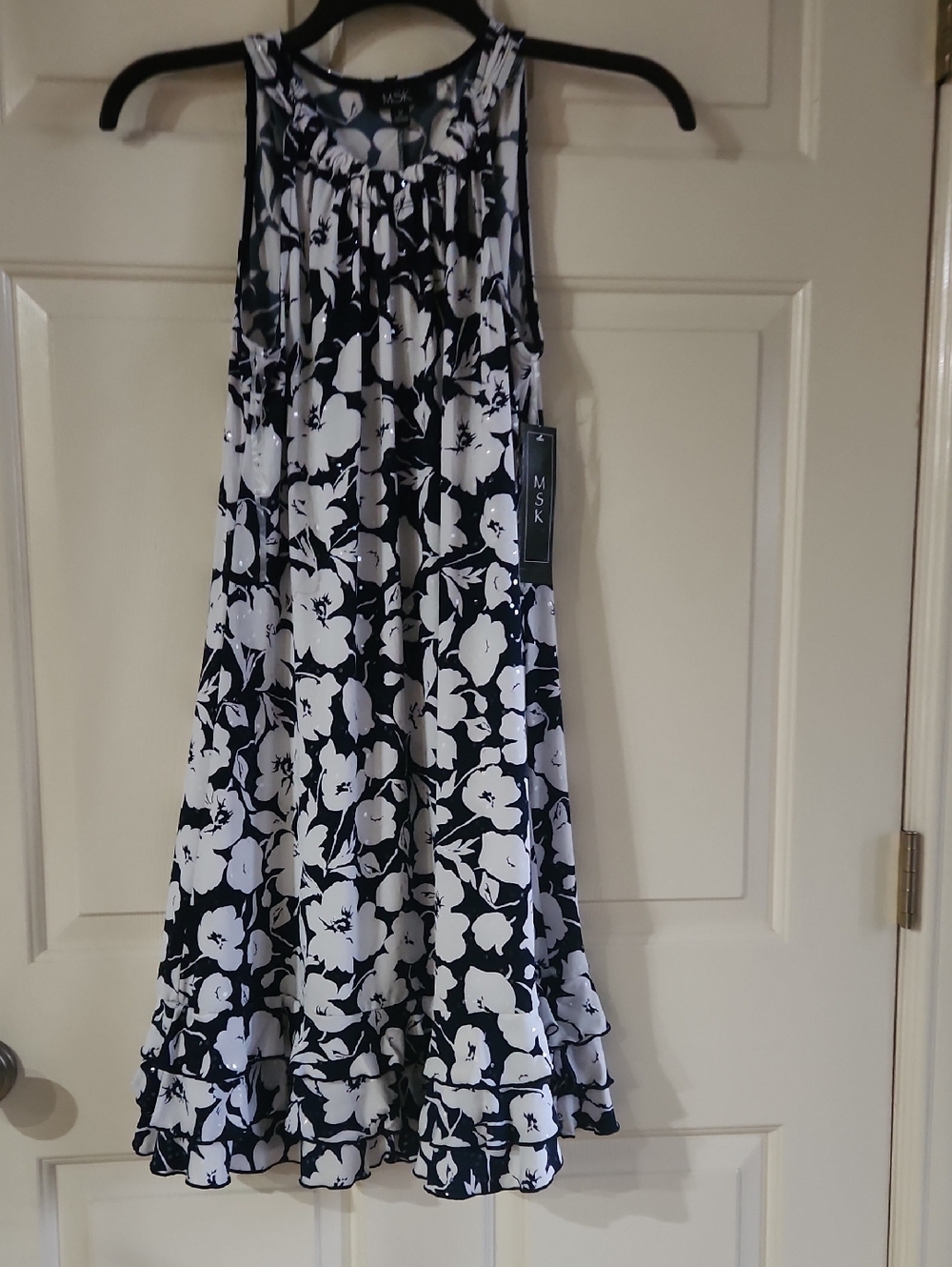 MSK  Dark Blue and White Floral Ruffle-Hem Sleeveless Dress